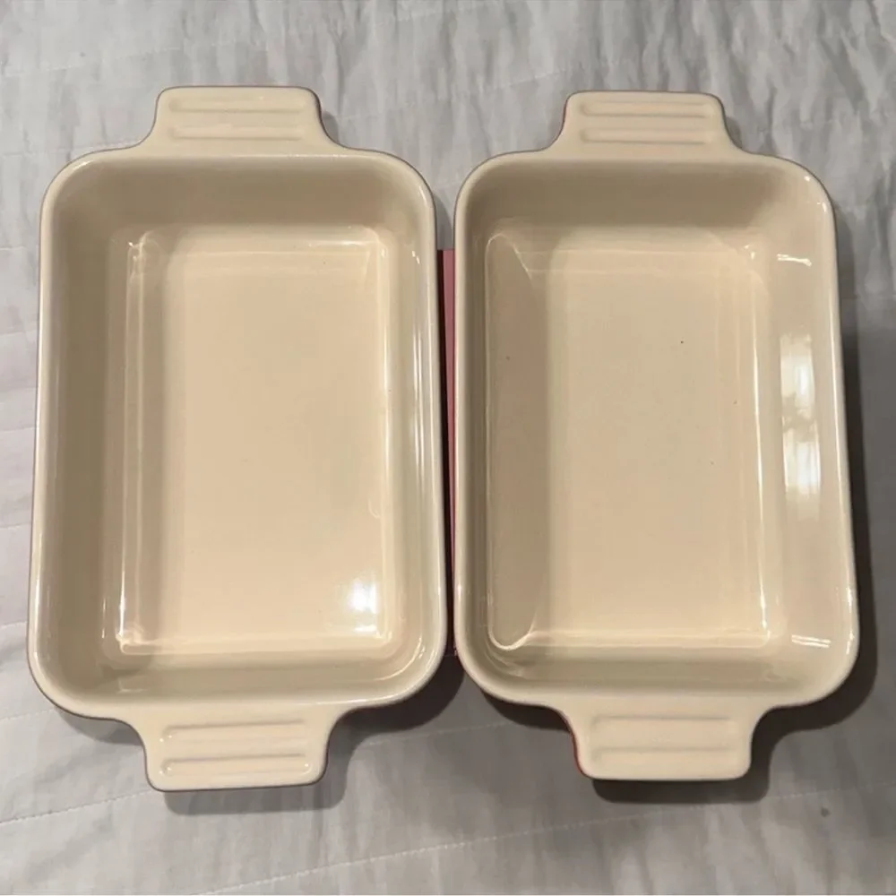 LE CREUSET Red Ivory Stoneware 7 inch Square Baking Dish Pan Set of 2